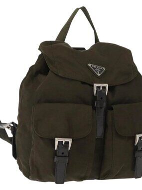 PRADA Backpack Nylon Khaki Silver Auth 159721